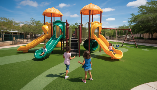 Children playing safely on a vibrant playground with artificial grass, surrounded by colorful play equipment and clear skies in Austin, TX.