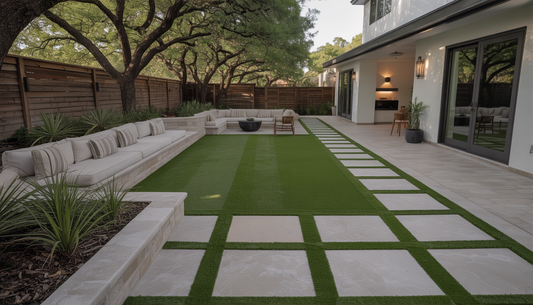 A modern patio with artificial turf, pavers, and planters, forming a stylish outdoor space in Austin.
