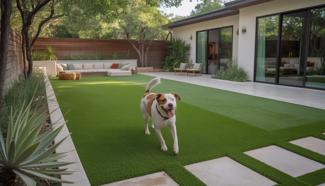A backyard in Austin with pet-friendly artificial turf and a dog playing fetch, surrounded by Texas plants.