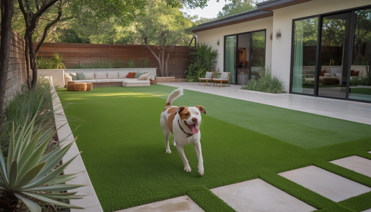 A backyard in Austin with pet-friendly artificial turf and a dog playing fetch, surrounded by Texas plants.