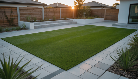 A modern backyard with artificial grass, pavers, and planters at sunset.