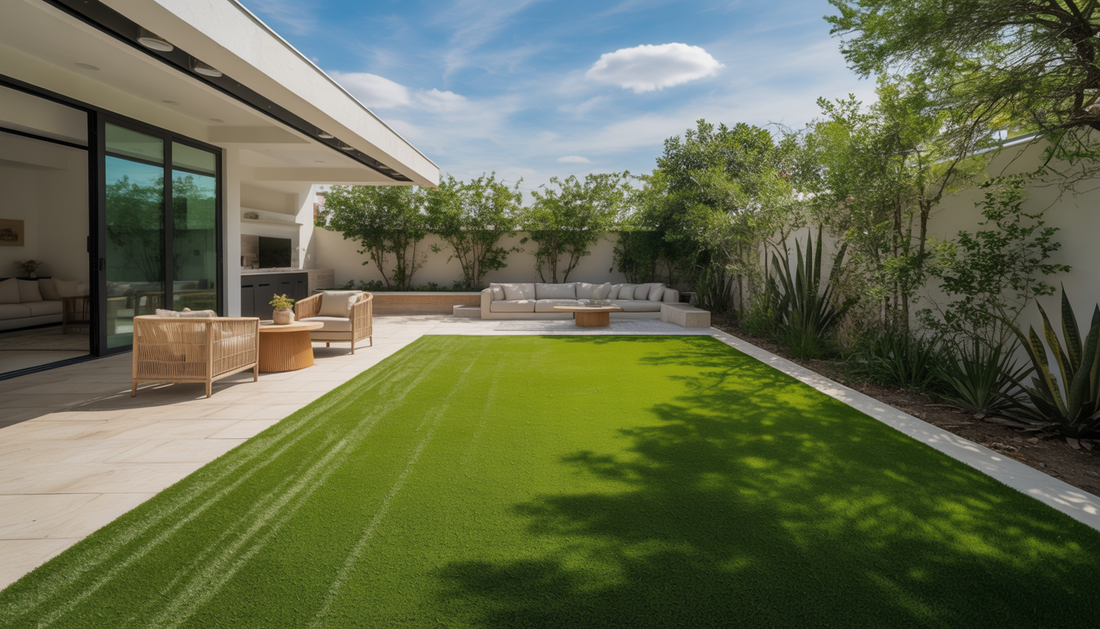 A vibrant artificial grass lawn in a contemporary backyard setting, featuring sleek pavers and minimalist furniture, set against a clear blue sky.